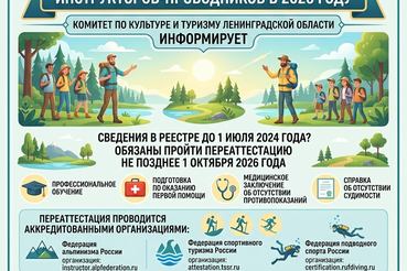 Комитет по культуре и туризму Ленинградской области информирует о необходимости прохождения переаттестации инструкторами-проводниками в 2026 году.